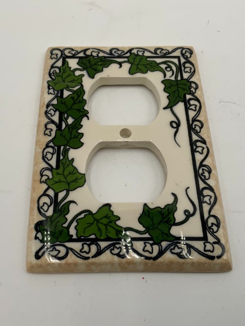 All Fired Up Hand Painted Ceramic Electric Duplex Outlet Plate Green Ivy Vines